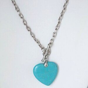 Turquoise Heart Faux Necklace Silver Tone Chain 18"